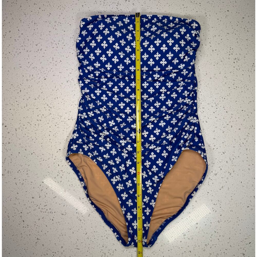 J.Crew Womens Strapless One Piece Swimsuit Blue White Print Ruched Size Small - Picture 2 of 4